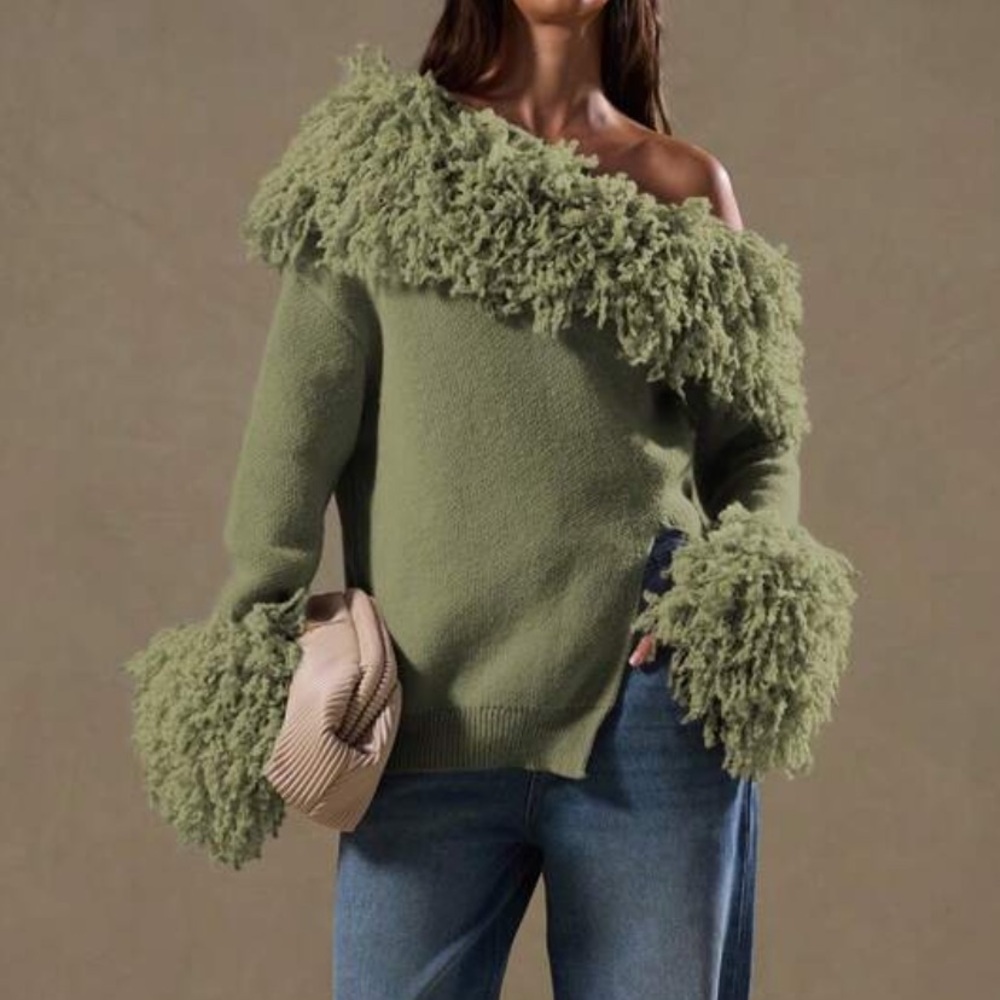 MUSERA Textured Shaggy Knit Off The Shoulder Jumper Asymmetrical Shoulder Top